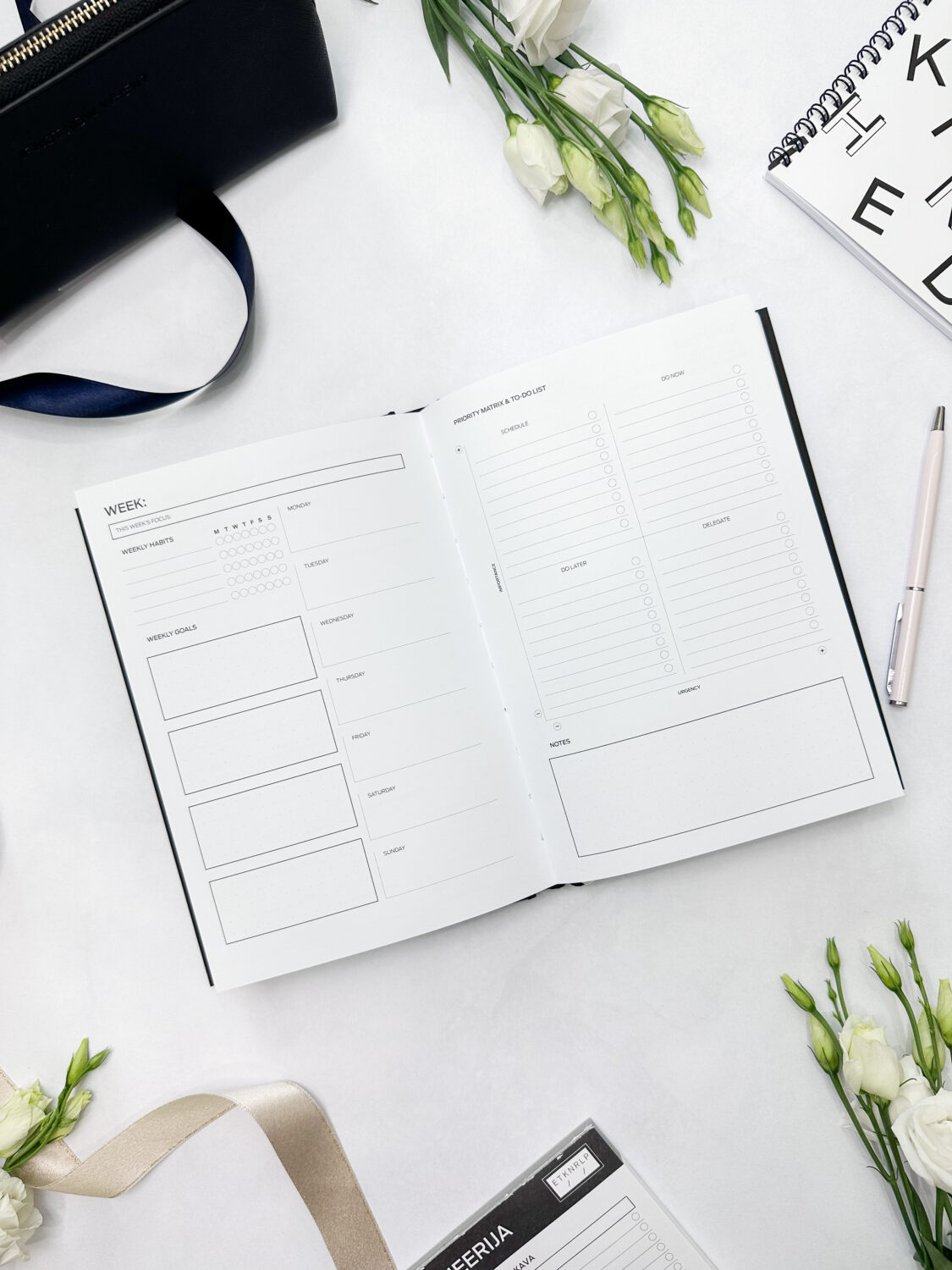 Planner produttivo ad anelli in finta pelle premium A5 (bianco) - immagine 16